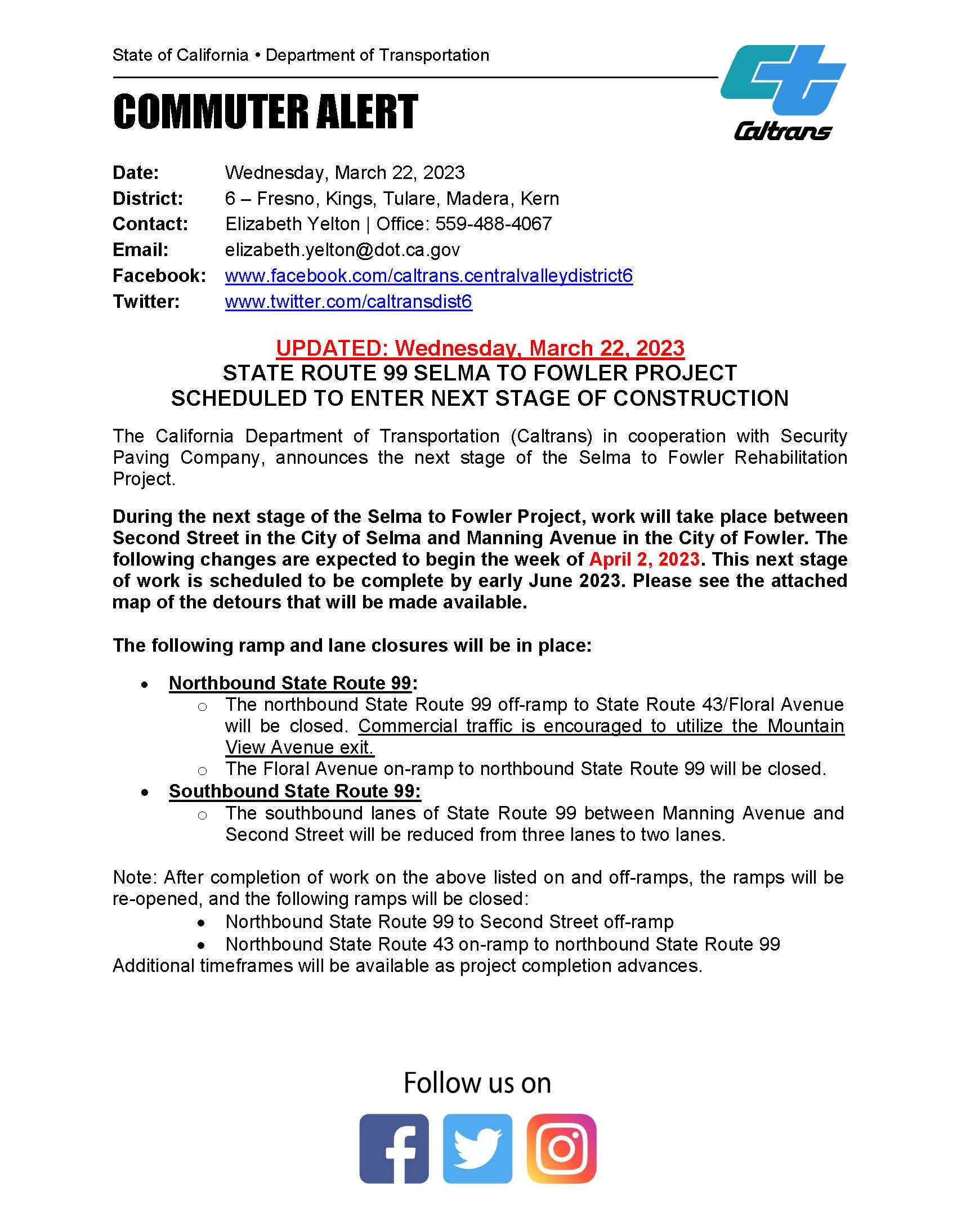UPDATED Selma to Fowler Rehab Commuter Alert Flyer